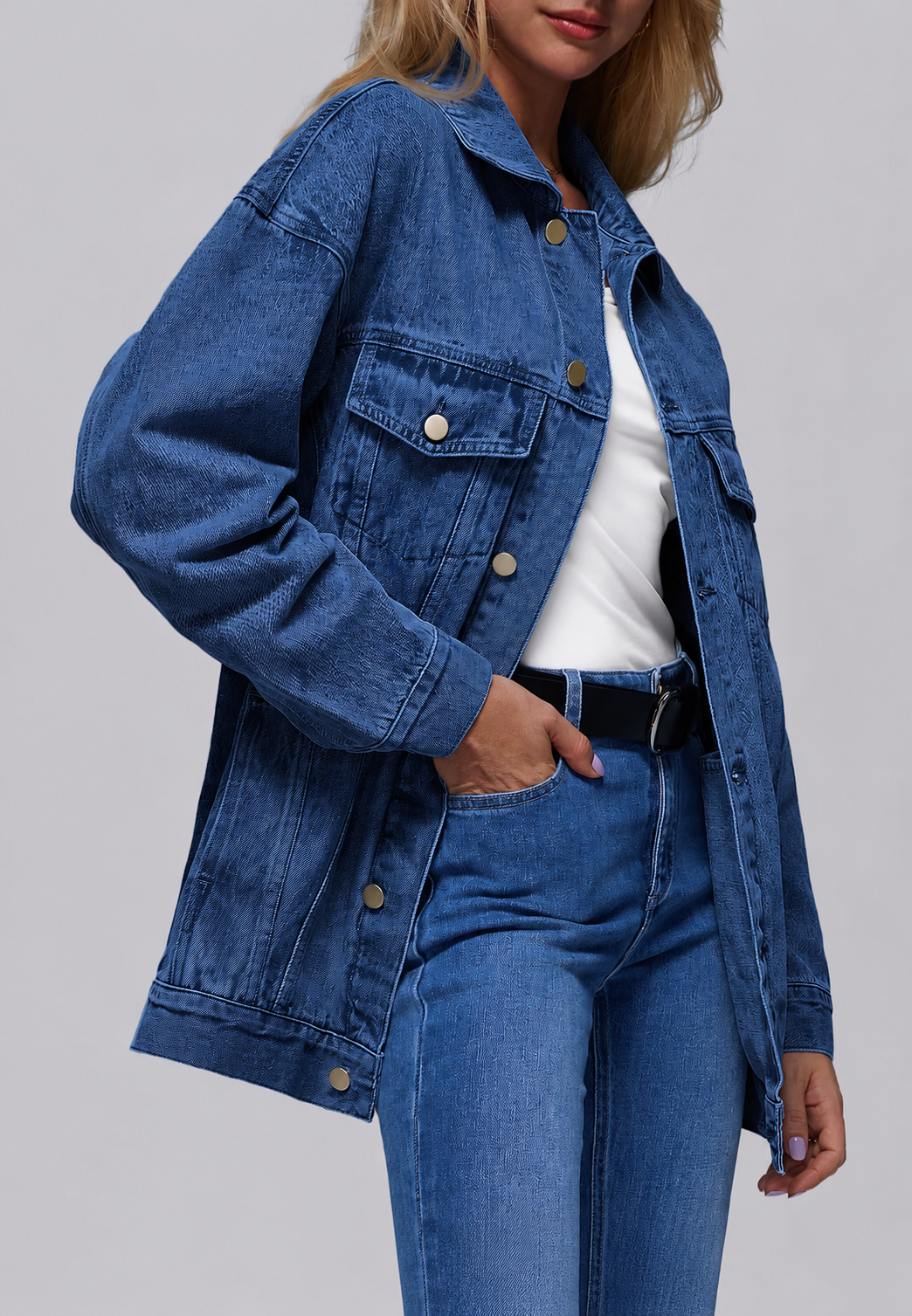 Veste jean oversize longue femme poches à rabat denim - Eira