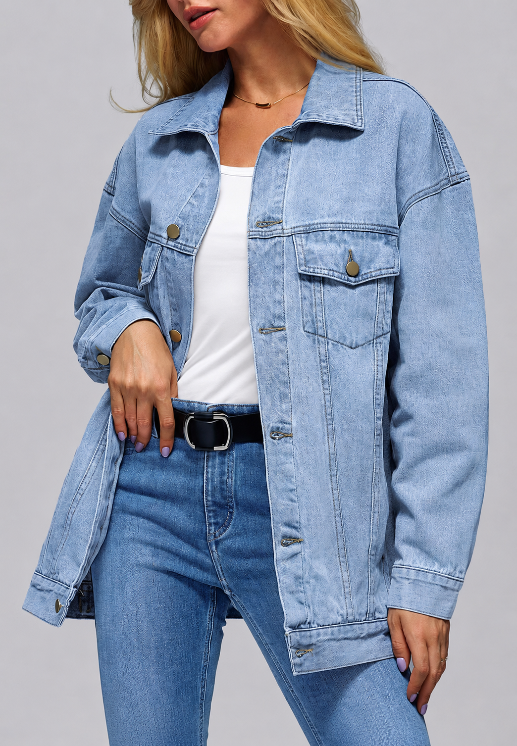 Veste jean oversize longue femme poches à rabat denim - Eira