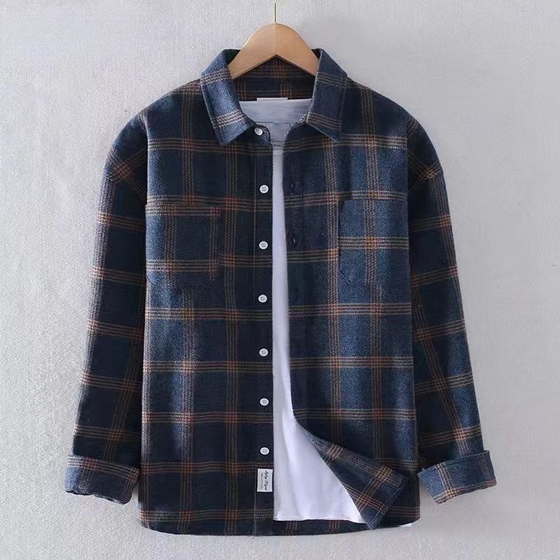 Chemise à manches longues en tissu doux à carreaux avec poche poitrine fonctionnelle - Noyel