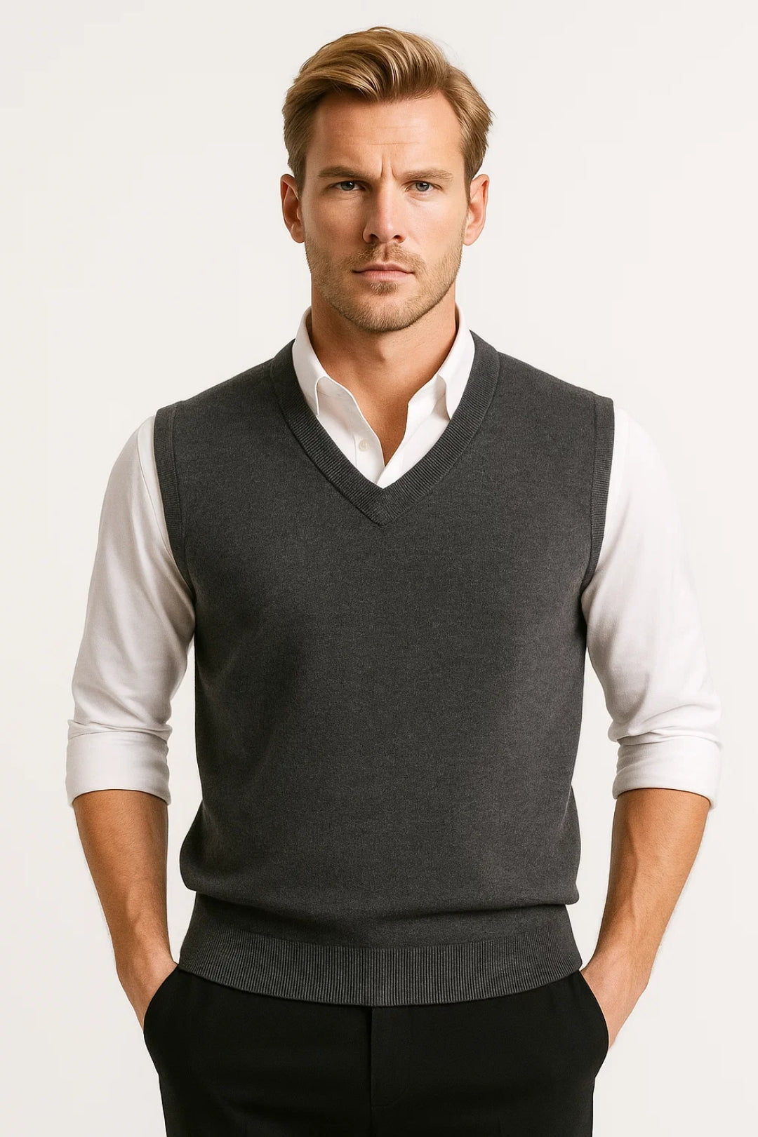Gilet maille homme col V finition côtelée sans manches - Blaise