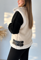 Gilet femme effet daim col fourrure boucles latérales - Lisette