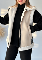 Gilet femme effet daim col fourrure boucles latérales - Lisette