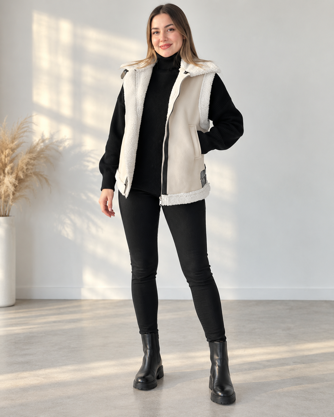 Gilet femme effet daim col fourrure boucles latérales - Lisette