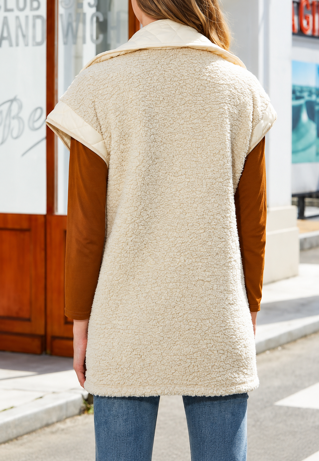 Gilet long femme effet fourrure revers contrastés doux - Margaret