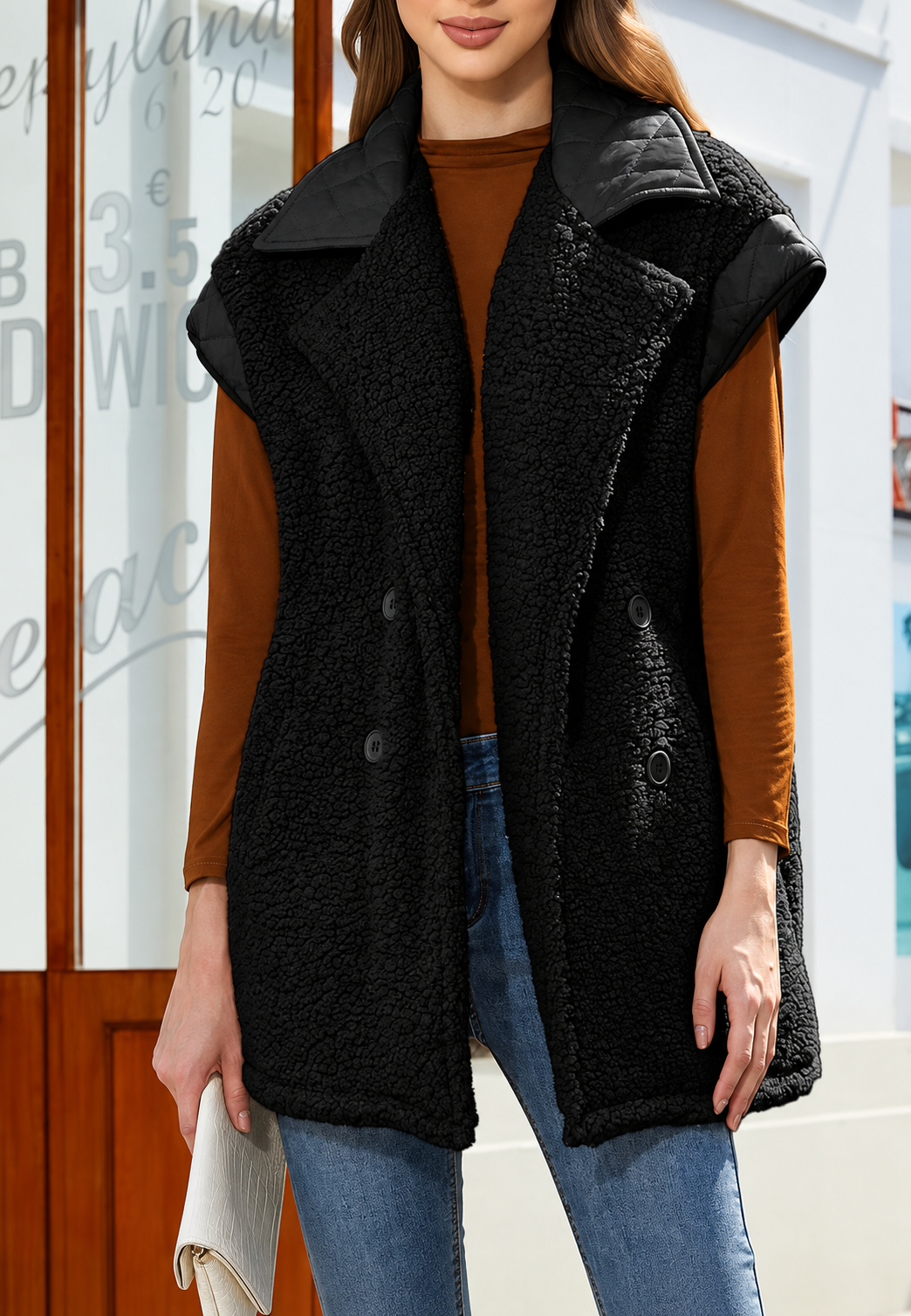 Gilet long femme effet fourrure revers contrastés doux - Margaret