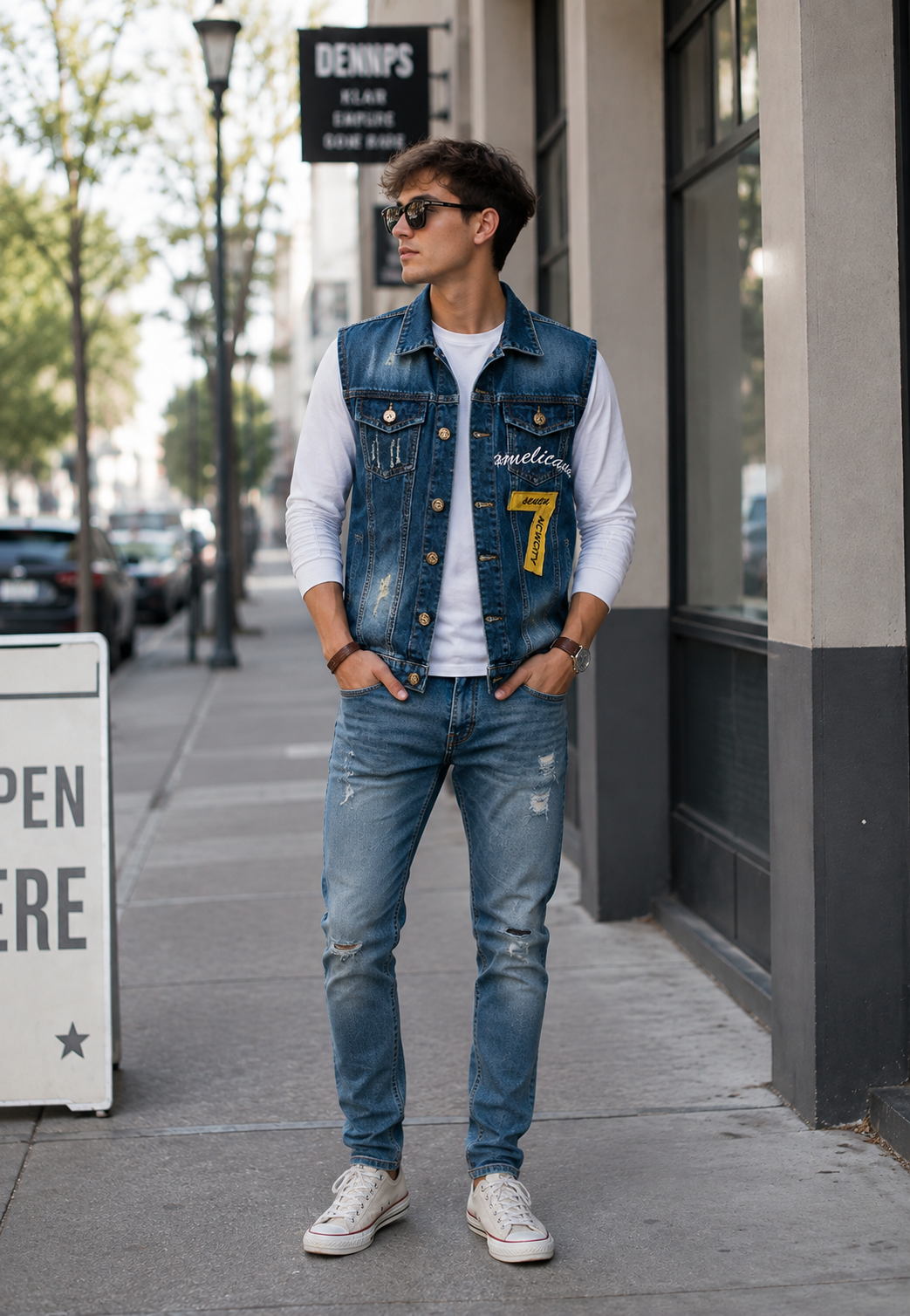 Gilet jean homme brodé effet délavé sans manches denim - Leander
