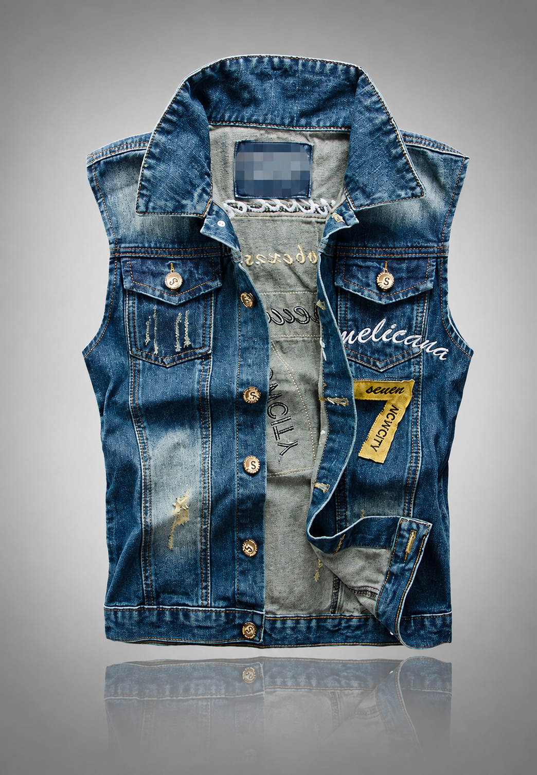 Gilet jean homme brodé effet délavé sans manches denim - Leander