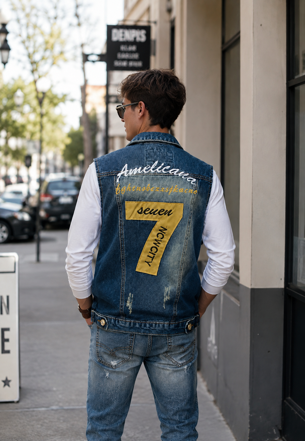 Gilet jean homme brodé effet délavé sans manches denim - Leander