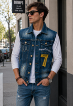 Gilet jean homme brodé effet délavé sans manches denim - Leander
