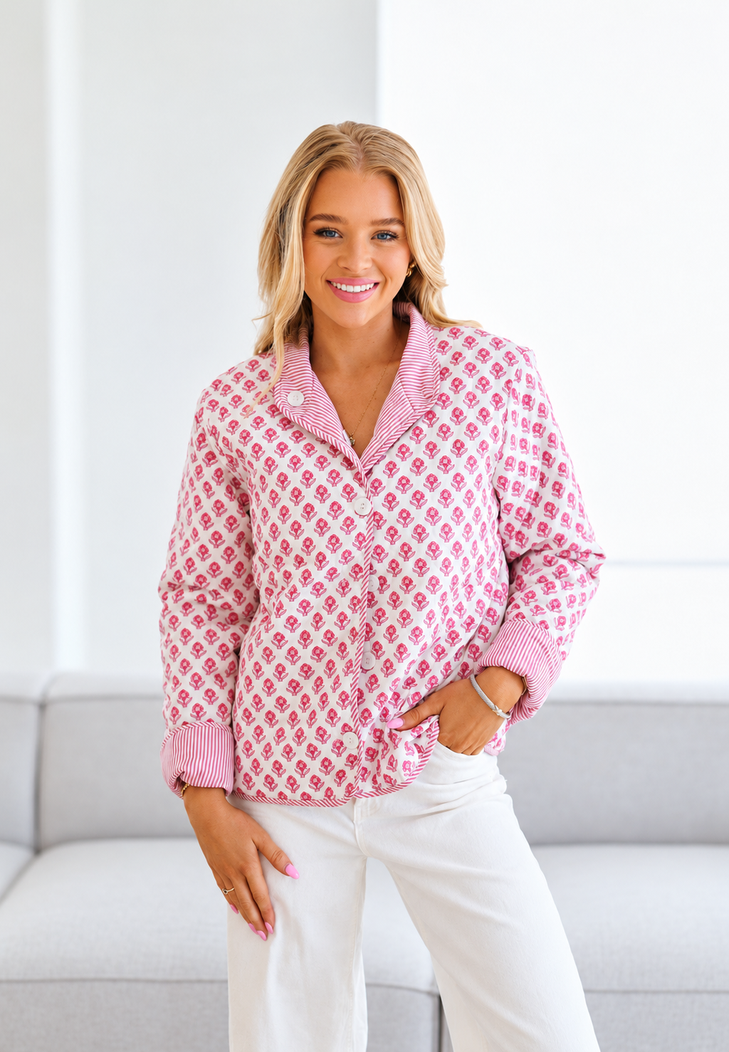 Veste matelassée femme imprimé floral col chemise rayures - Lola
