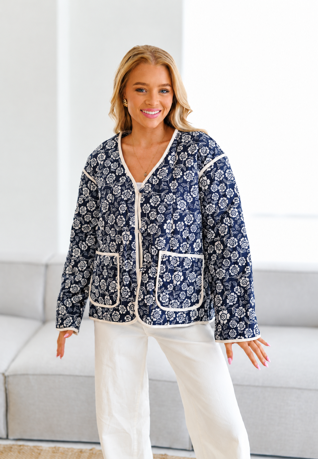 Veste matelassée femme imprimé floral bordures contrastées - Mireva