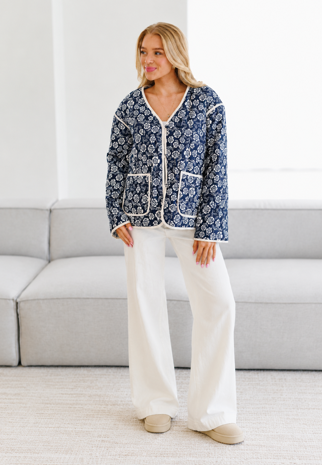 Veste matelassée femme imprimé floral bordures contrastées - Mireva