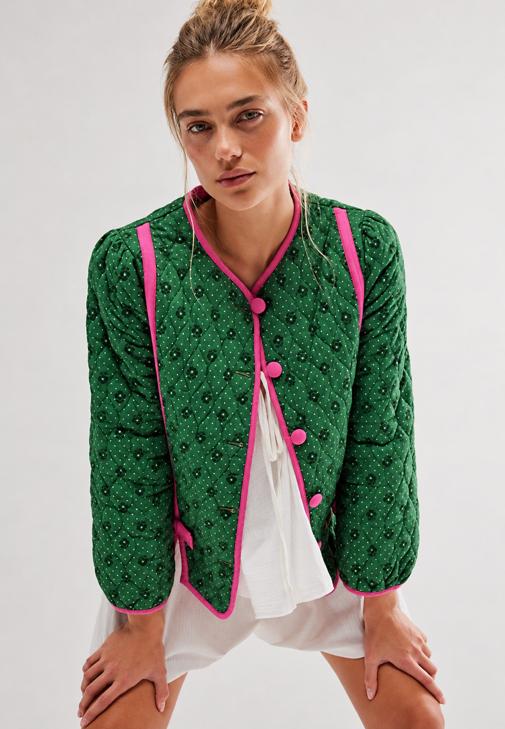 Veste matelassée femme imprimé géométrique nœuds décoratifs - Selvara