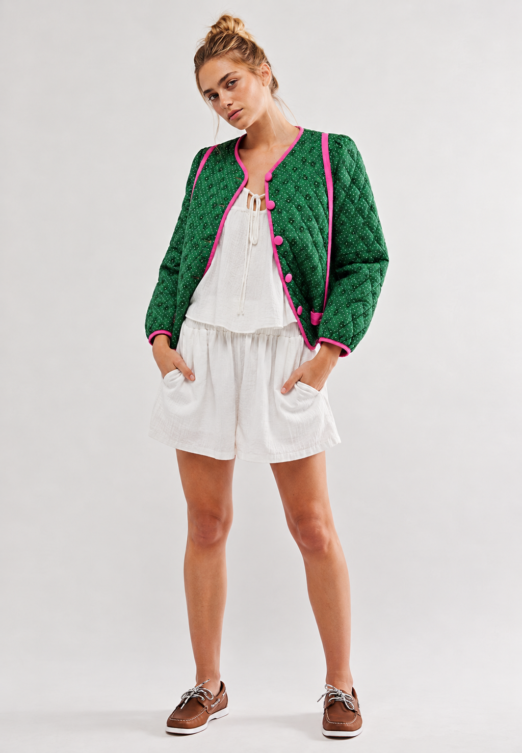 Veste matelassée femme imprimé géométrique nœuds décoratifs - Selvara