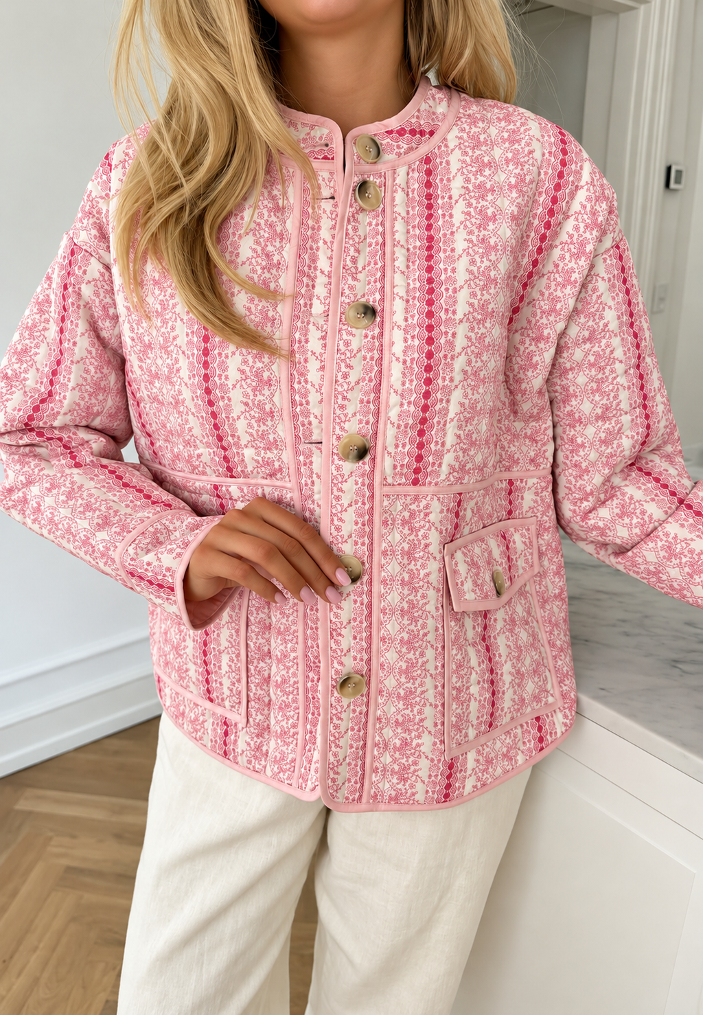 Veste matelassée femme motifs floraux rayures boutonnée - Alvina
