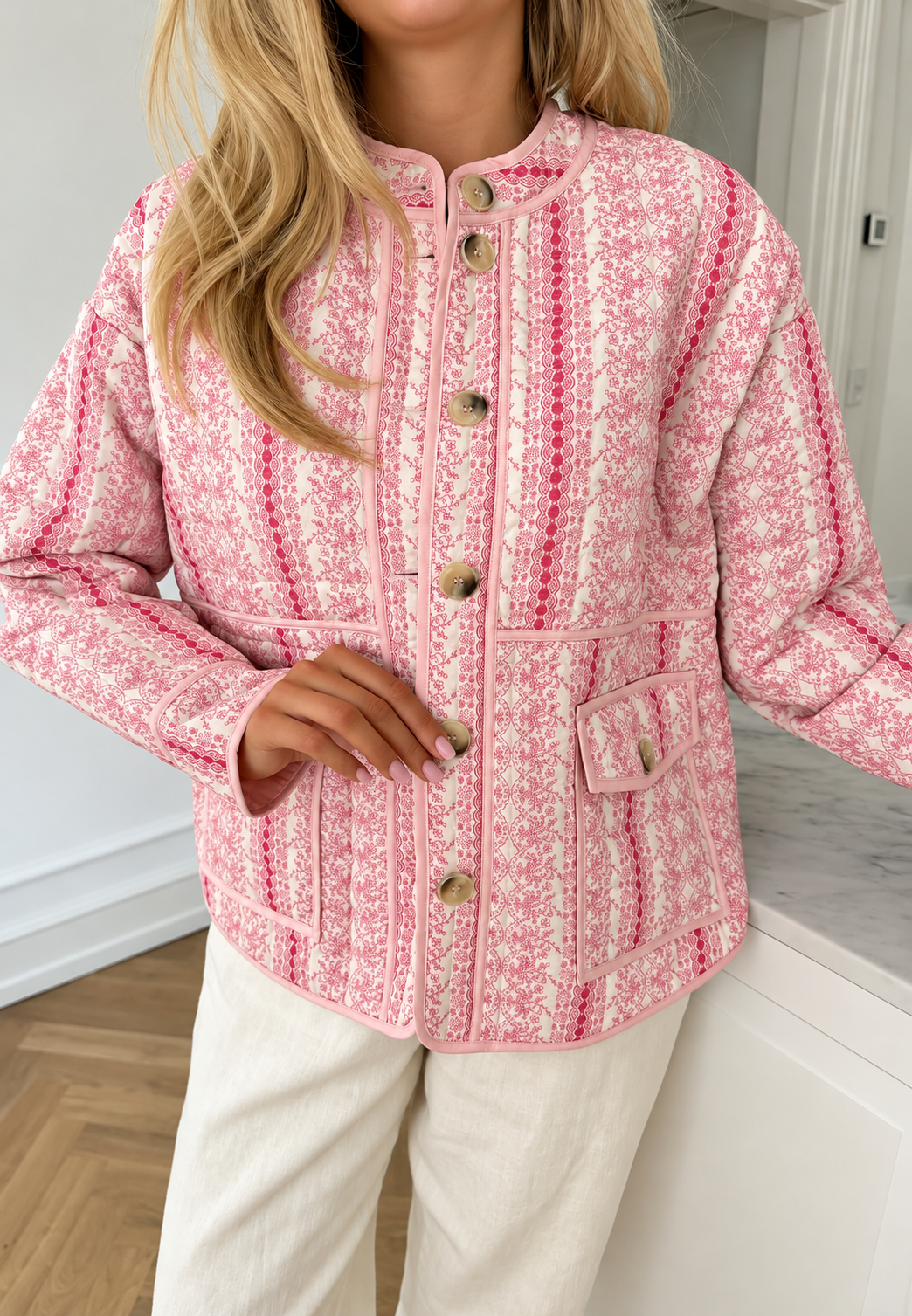 Veste matelassée femme motifs floraux rayures boutonnée - Alvina