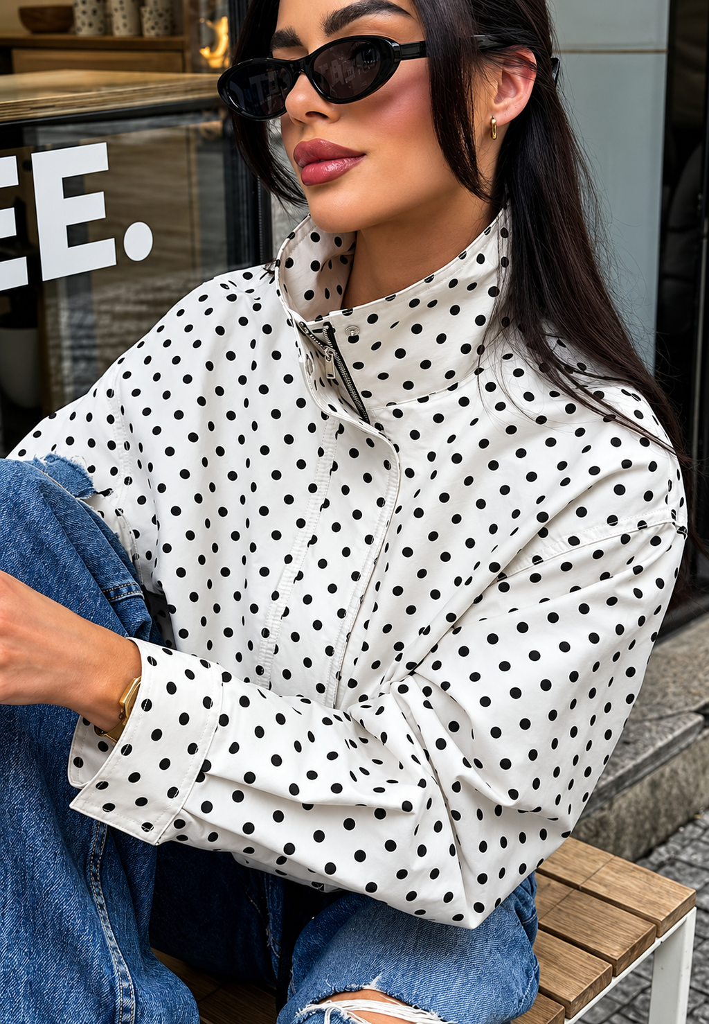 Veste bomber femme à pois motif graphique zippée - Vera