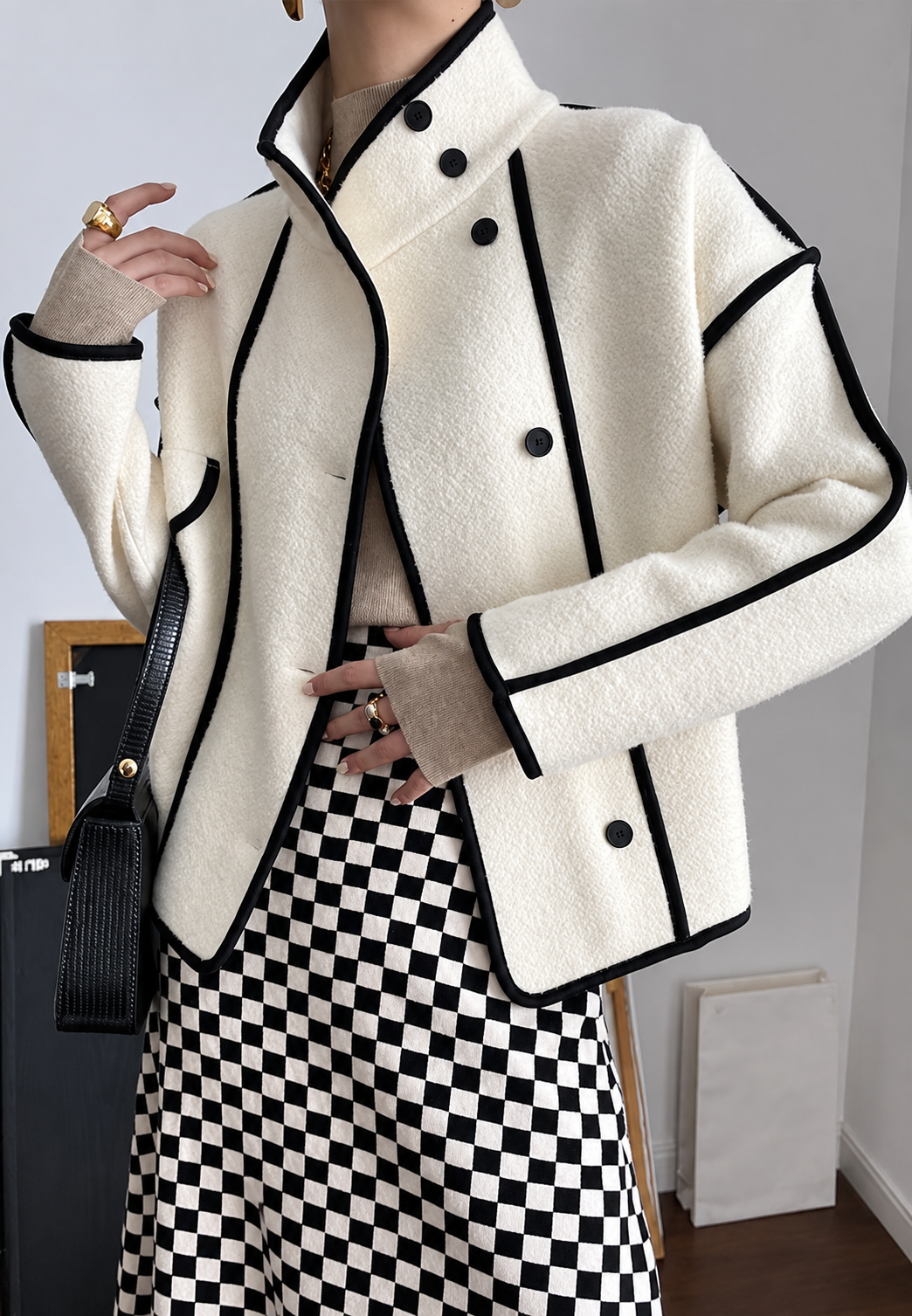 Veste courte femme col montant bordures contrastées - Ophélie