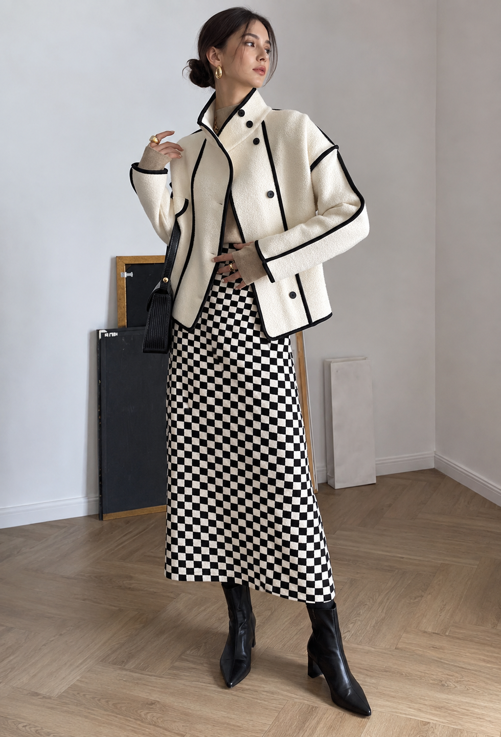 Veste courte femme col montant bordures contrastées - Ophélie