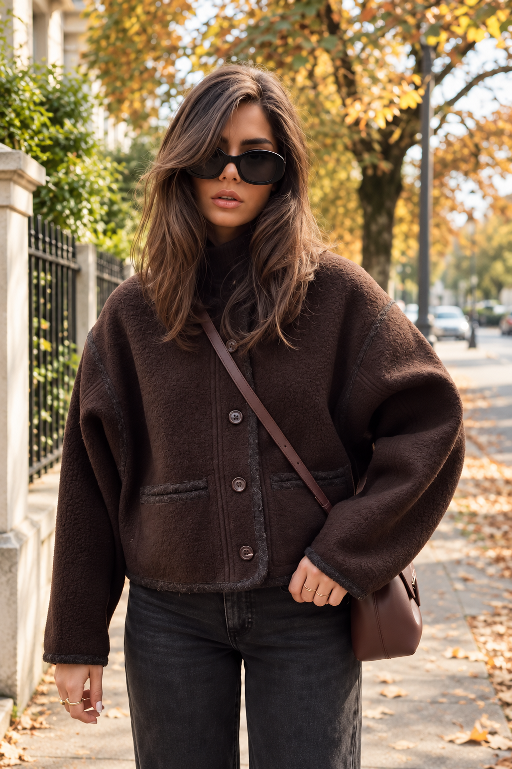 Veste courte femme effet daim boutons bordures contrastées - Sybille