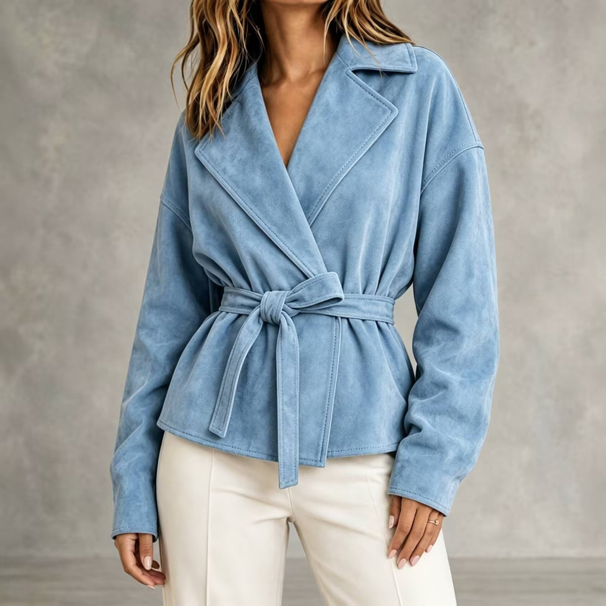 Veste courte femme effet daim ceinture revers texture - Valérie
