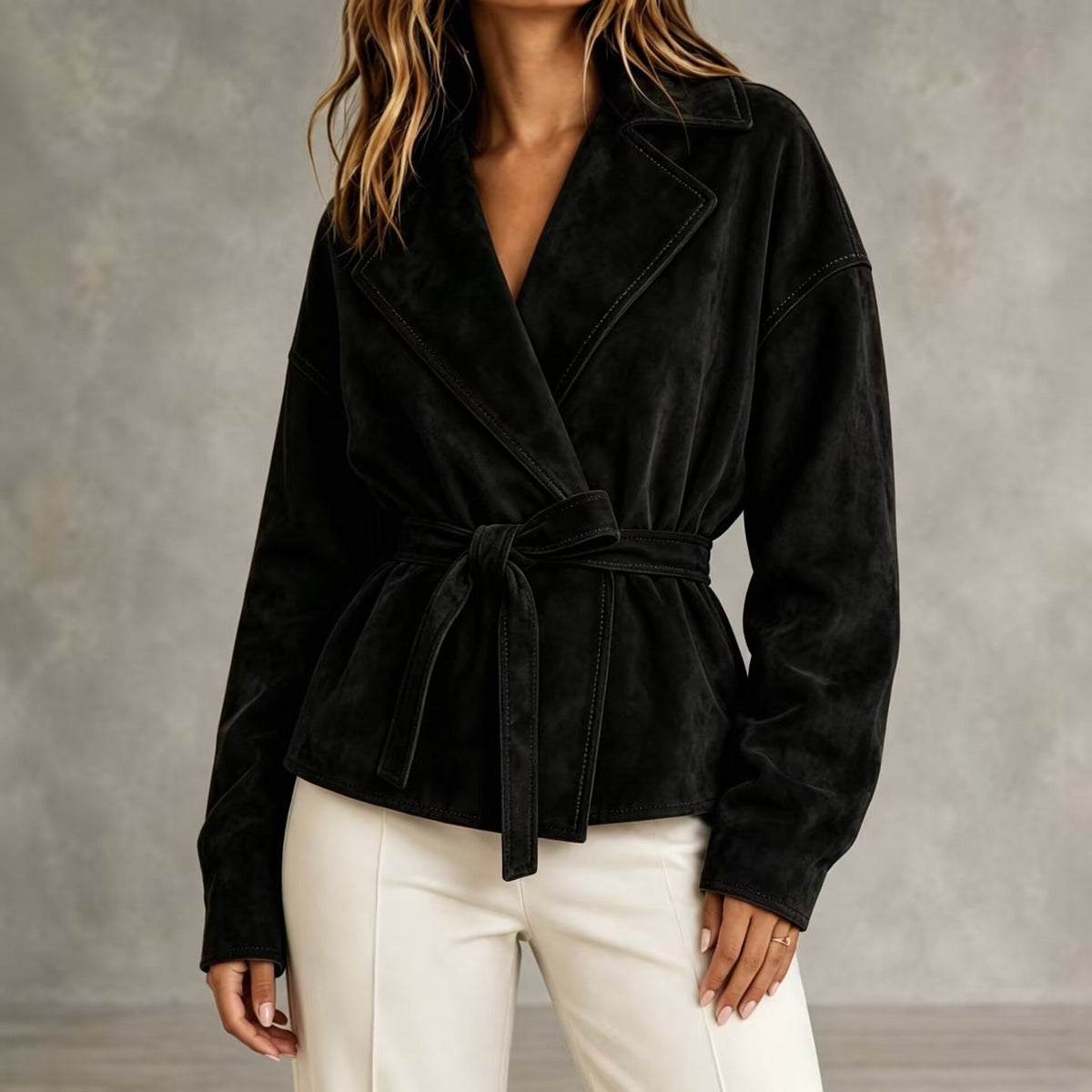 Veste courte femme effet daim ceinture revers texture - Valérie