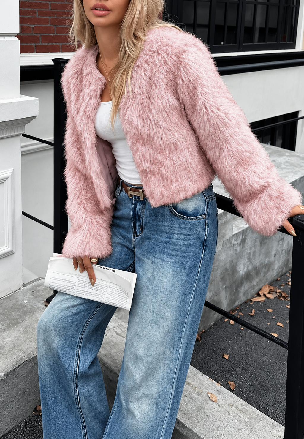 Chaqueta mujer corta efecto pelo manga larga textura suave otoño invierno - Clémence