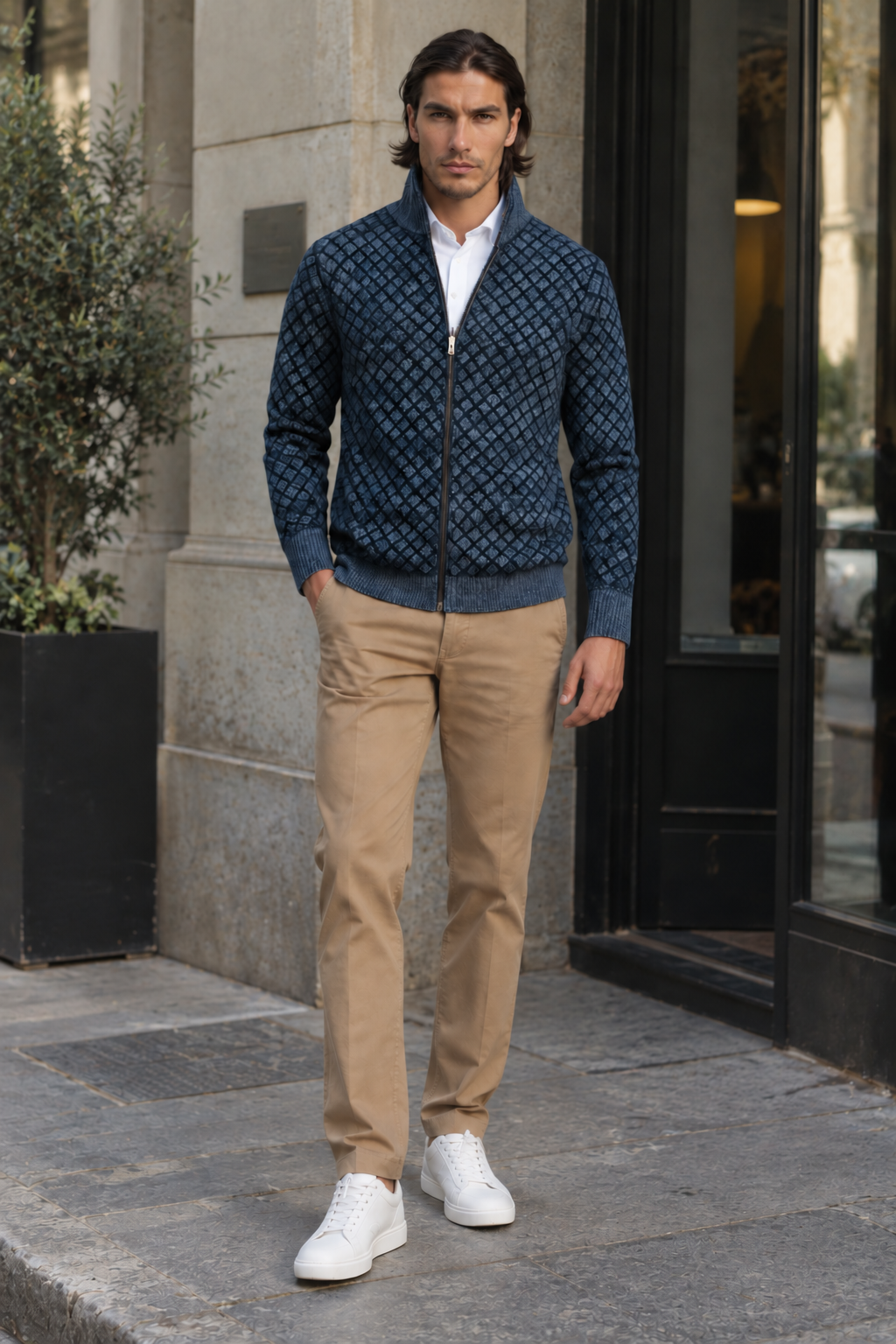 Veste maille homme motif losanges col montant fermeture éclair - Gaëtan