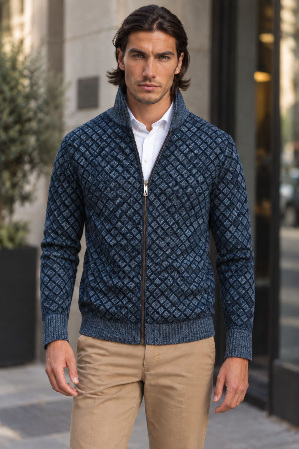 Veste maille homme motif losanges col montant fermeture éclair - Gaëtan