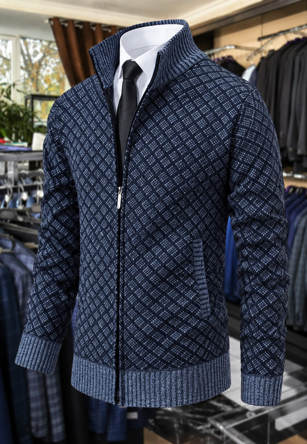 Veste maille homme motif losanges col montant fermeture éclair - Gaëtan