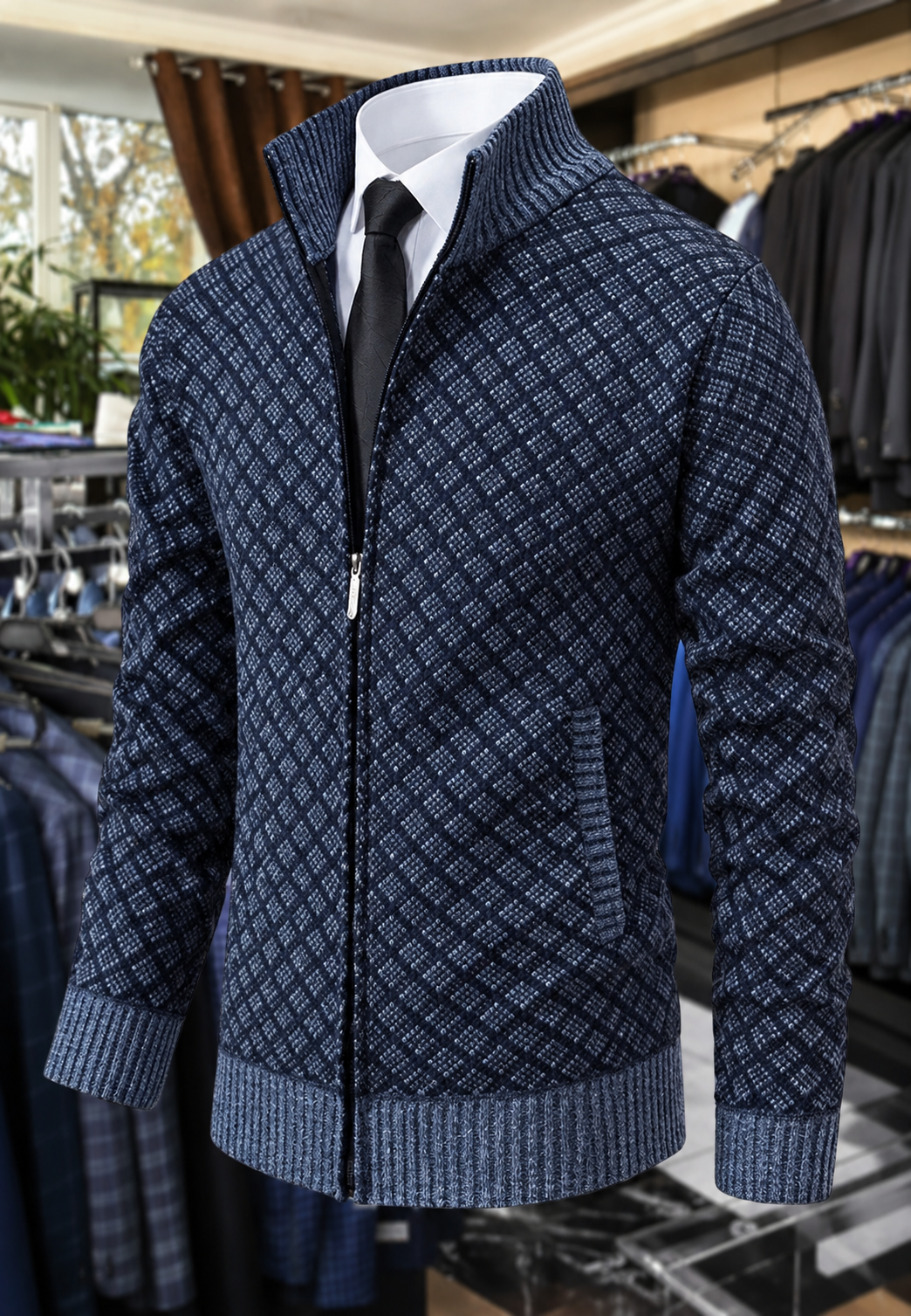 Veste maille homme motif losanges col montant fermeture éclair - Gaëtan