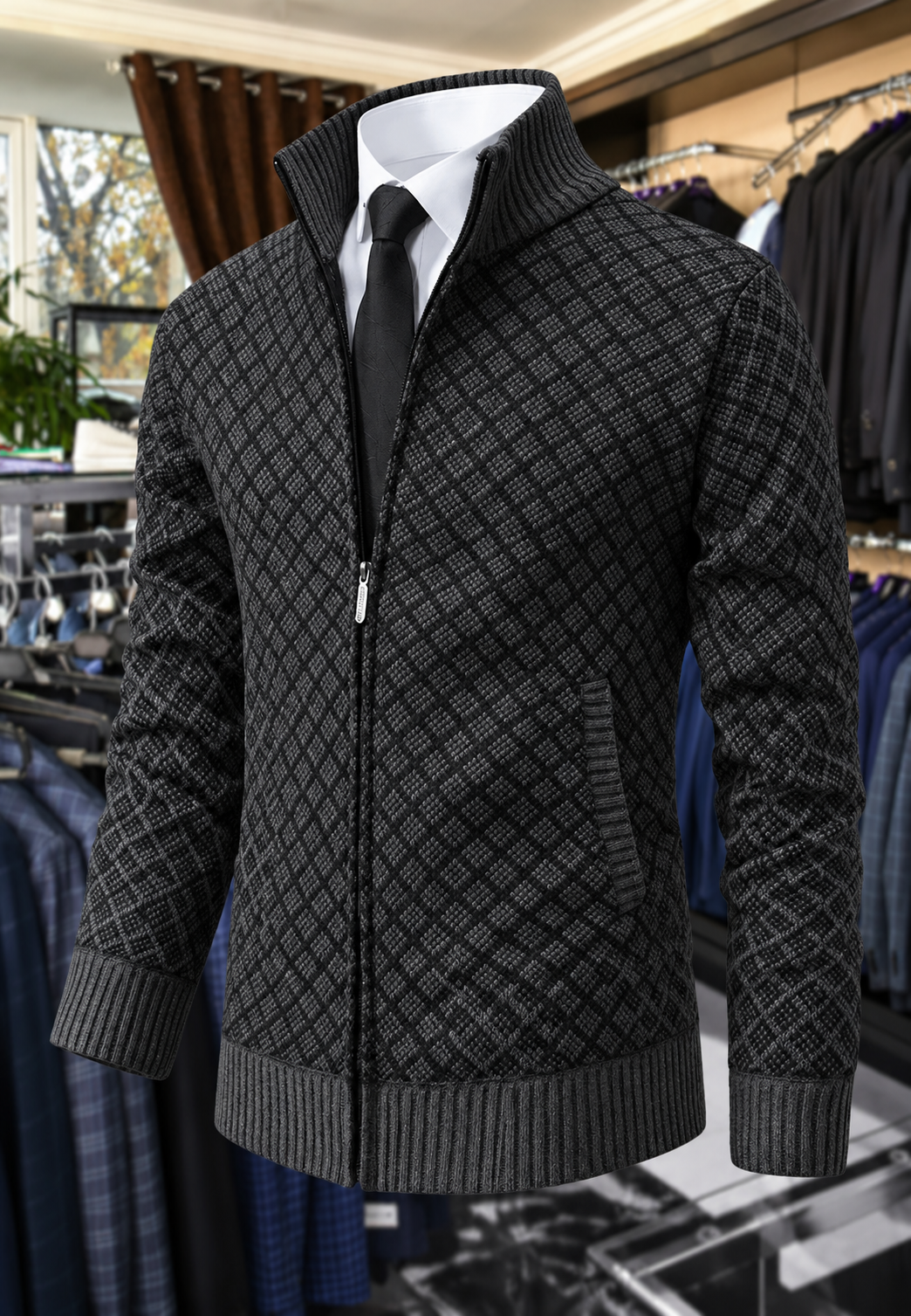 Veste maille homme motif losanges col montant fermeture éclair - Gaëtan