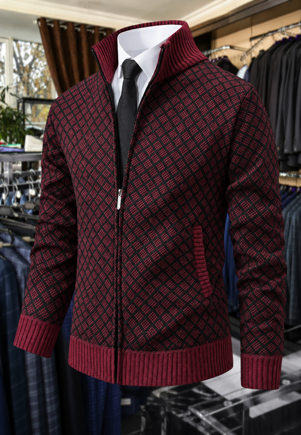 Veste maille homme motif losanges col montant fermeture éclair - Gaëtan