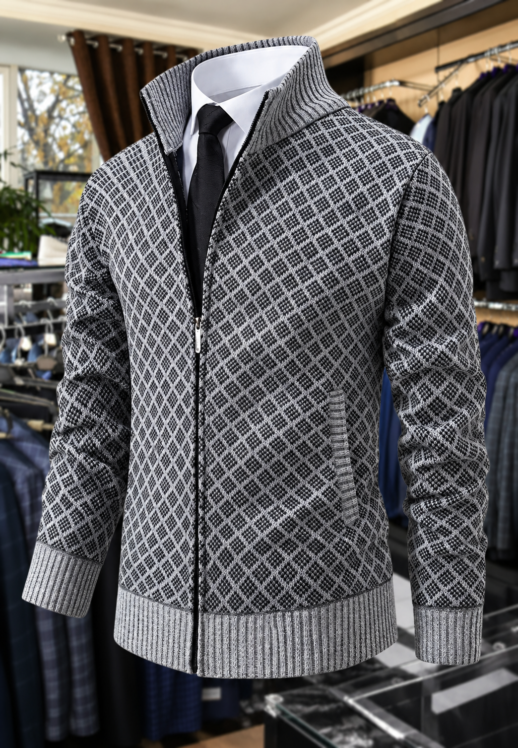 Veste maille homme motif losanges col montant fermeture éclair - Gaëtan