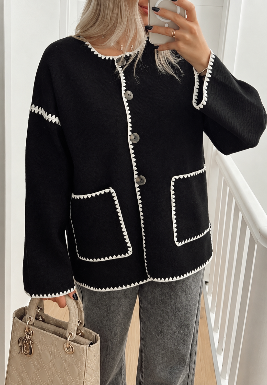 Veste maille femme color block bordures contrastées tricot - Émeline