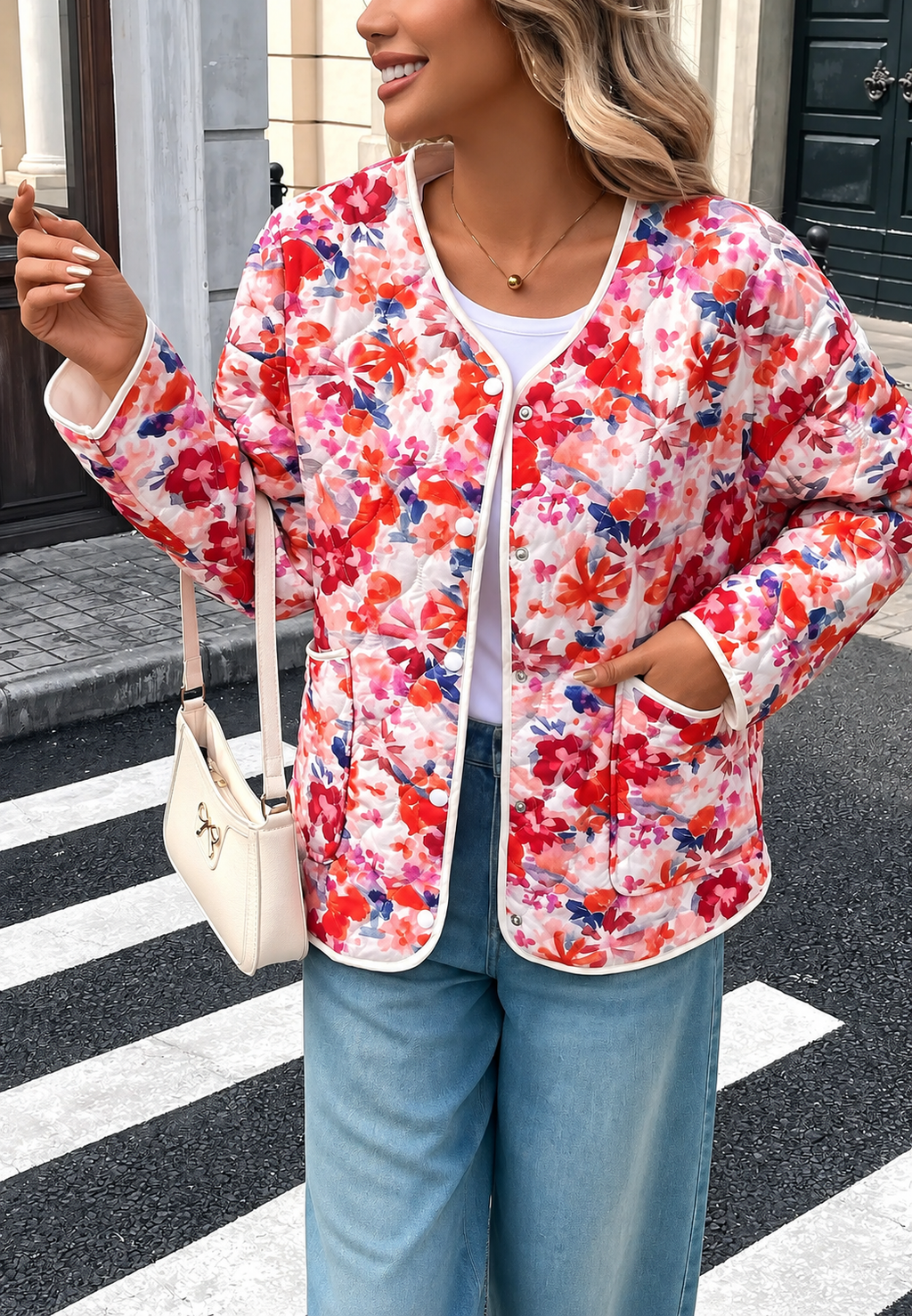 Veste fleurie matelassée femme poches avant bordures - Renate