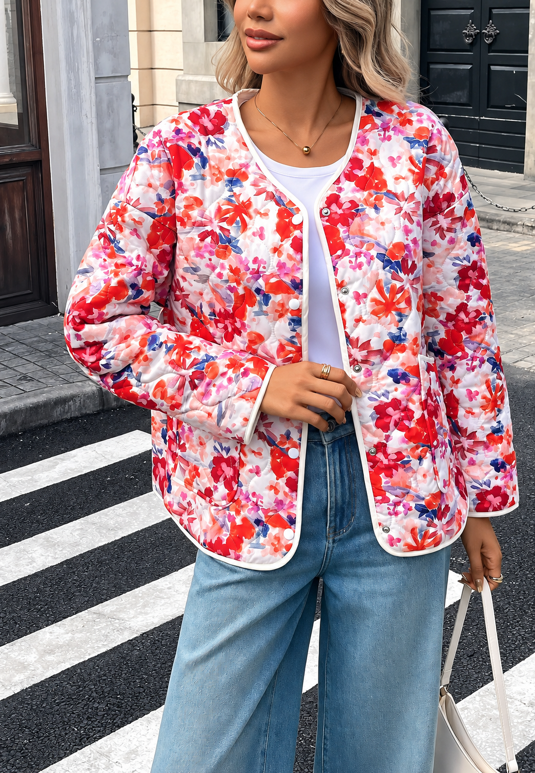 Veste fleurie matelassée femme poches avant bordures - Renate