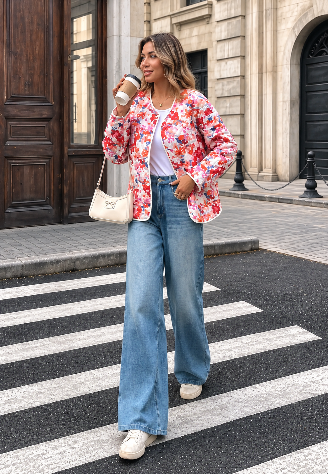 Veste fleurie matelassée femme poches avant bordures - Renate
