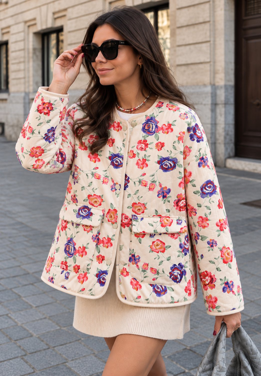 Veste fleurie femme matelassage losanges boutons devant - Elizabeth