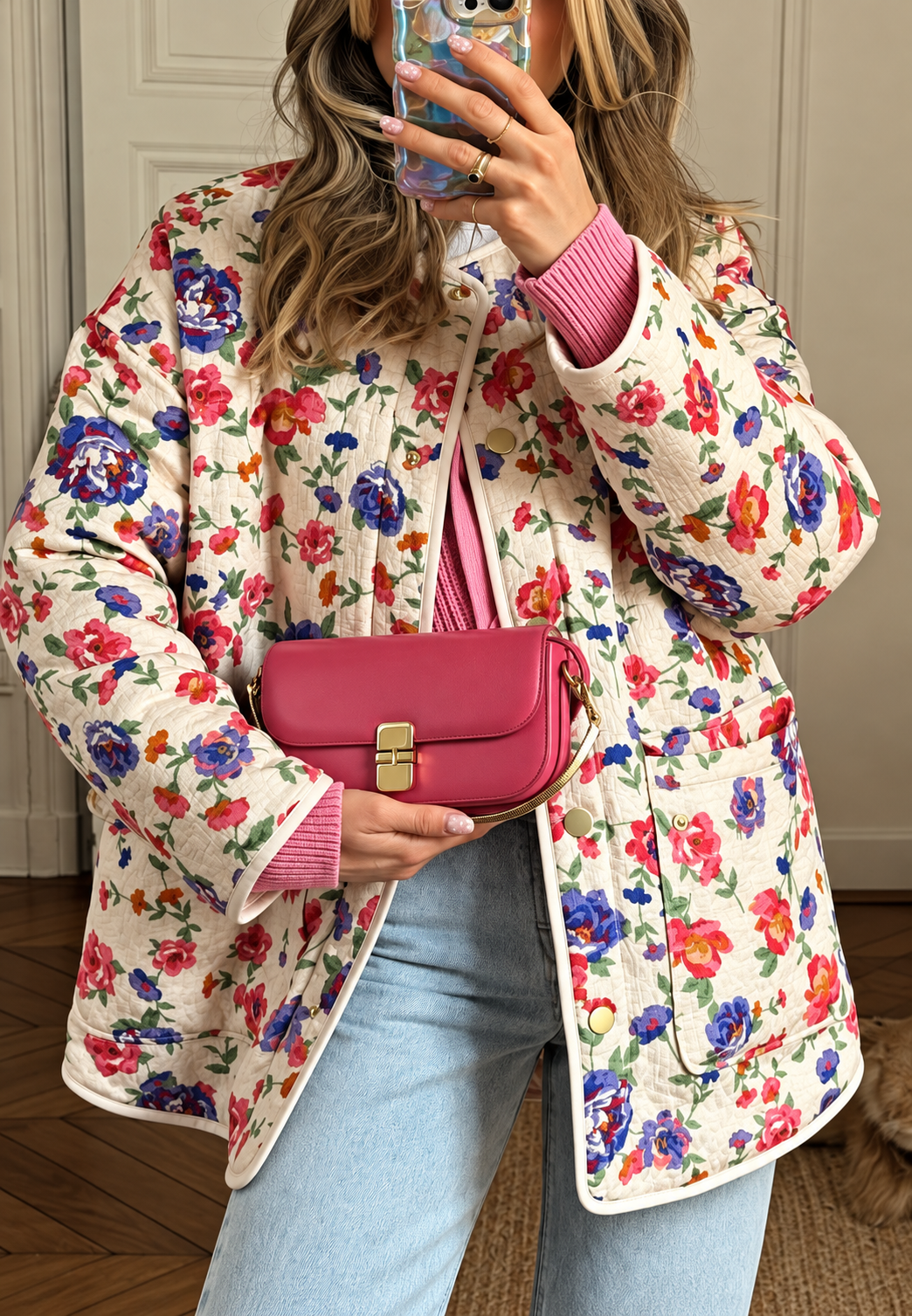 Veste fleurie femme matelassage losanges boutons devant - Elizabeth