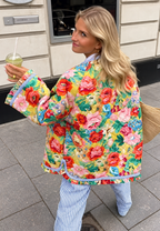 Veste fleurie femme évasée matelassage losanges volants - Clotilde