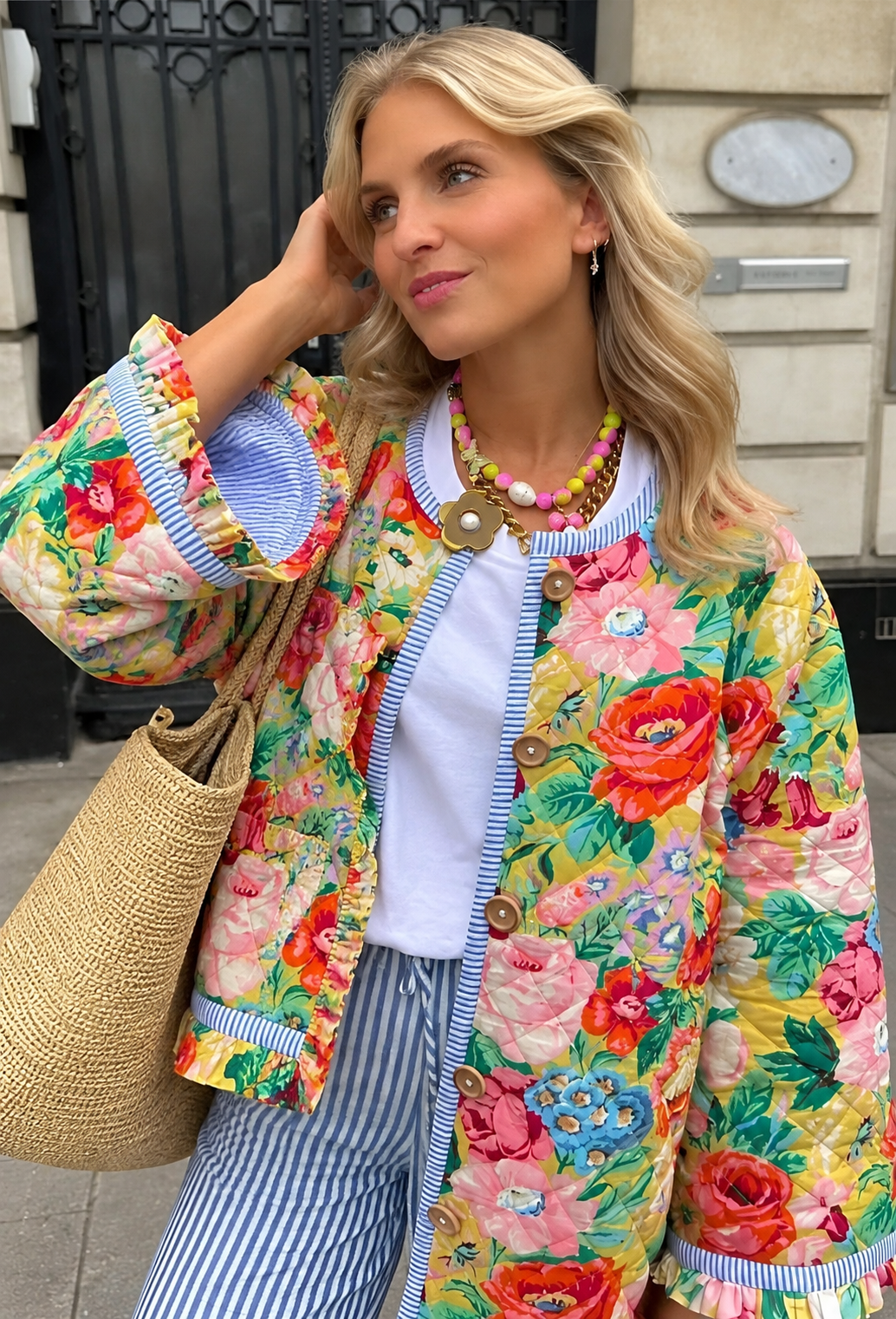 Veste fleurie femme évasée matelassage losanges volants - Clotilde