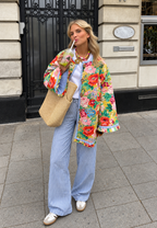 Veste fleurie femme évasée matelassage losanges volants - Clotilde
