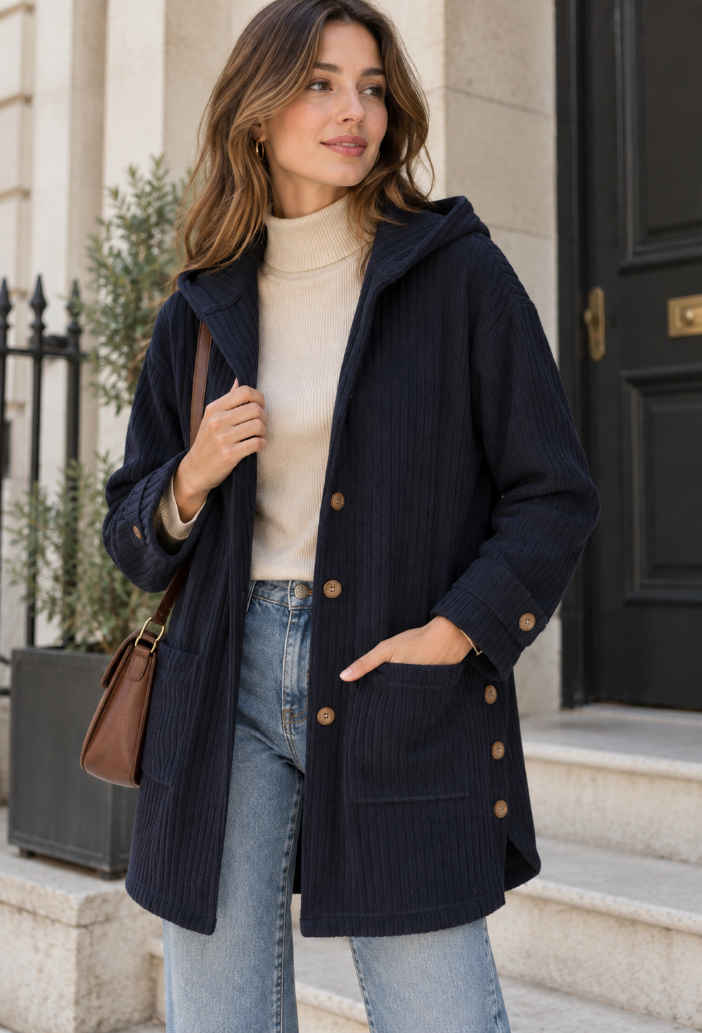 Veste longue velours côtelé femme capuche boutonnée chaude - Coralie