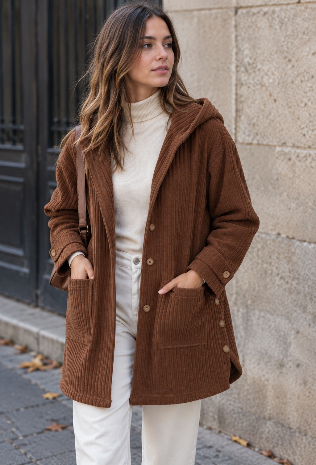 Veste longue velours côtelé femme capuche boutonnée chaude - Coralie