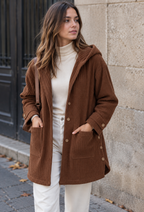 Veste longue velours côtelé femme capuche boutonnée chaude - Coralie