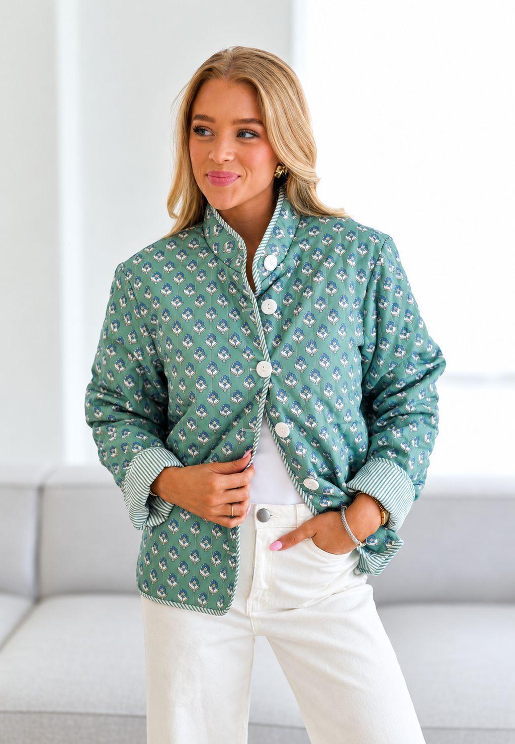 Veste matelassée femme micro-imprimé floral col montant boutons - Bodil