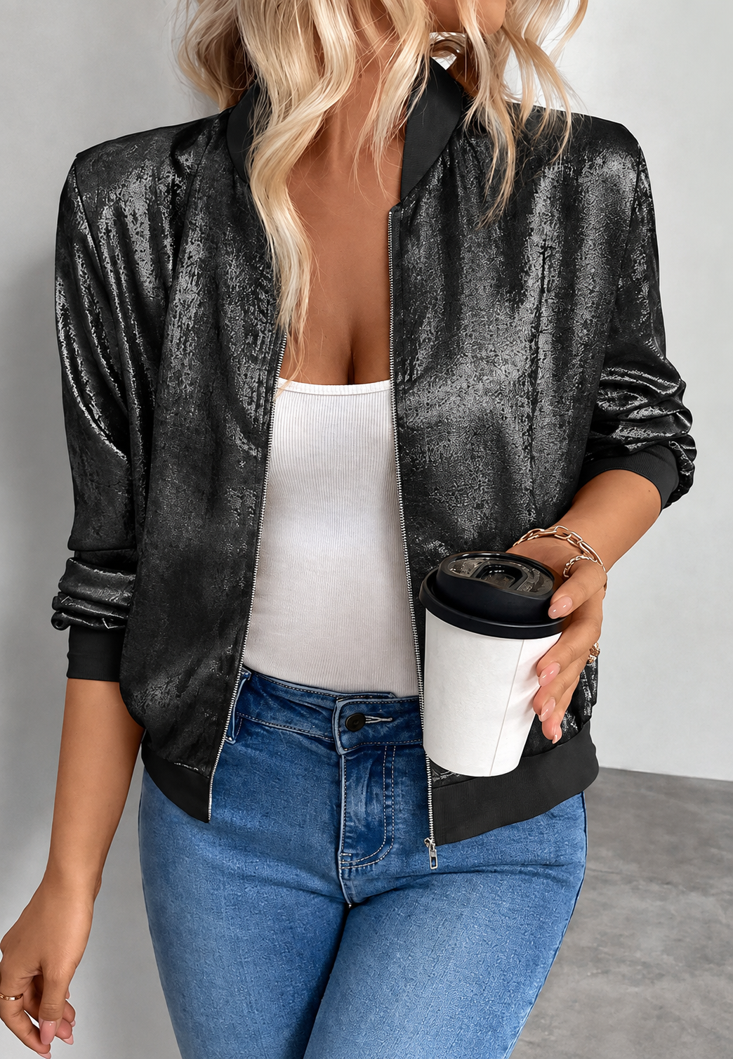 Veste bomber courte femme fermeture éclair bas élastiqué - Nalia