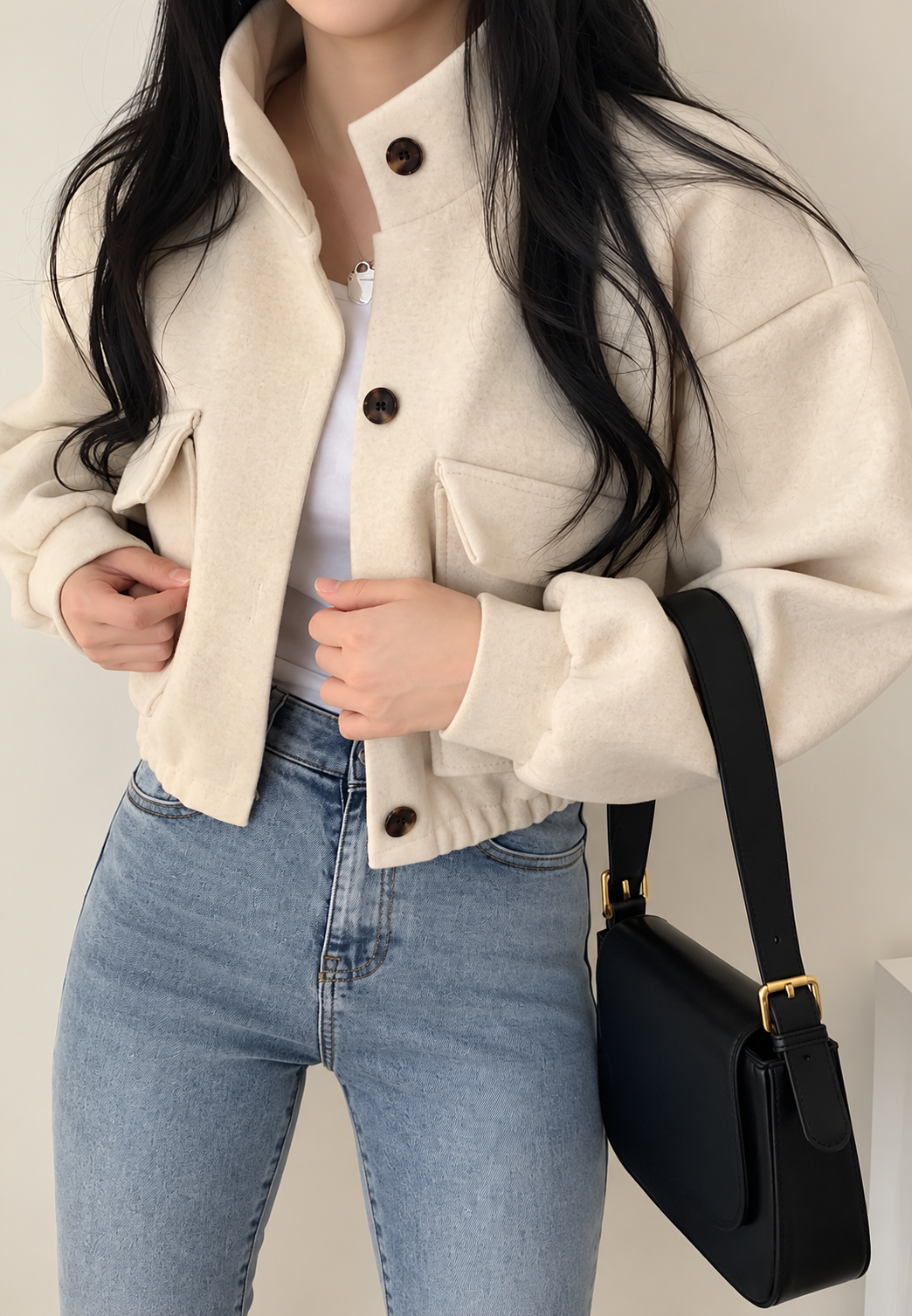 Veste courte femme col montant boutons manches larges - Aveline
