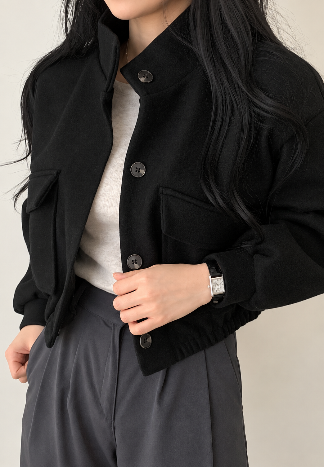 Veste courte femme col montant boutons manches larges - Aveline